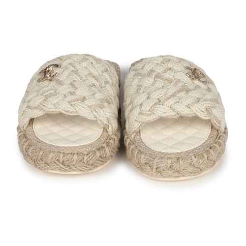 Chanel CC Braided Knit Interlocking Slide Sandals Cream Gold Hardware 37 EU