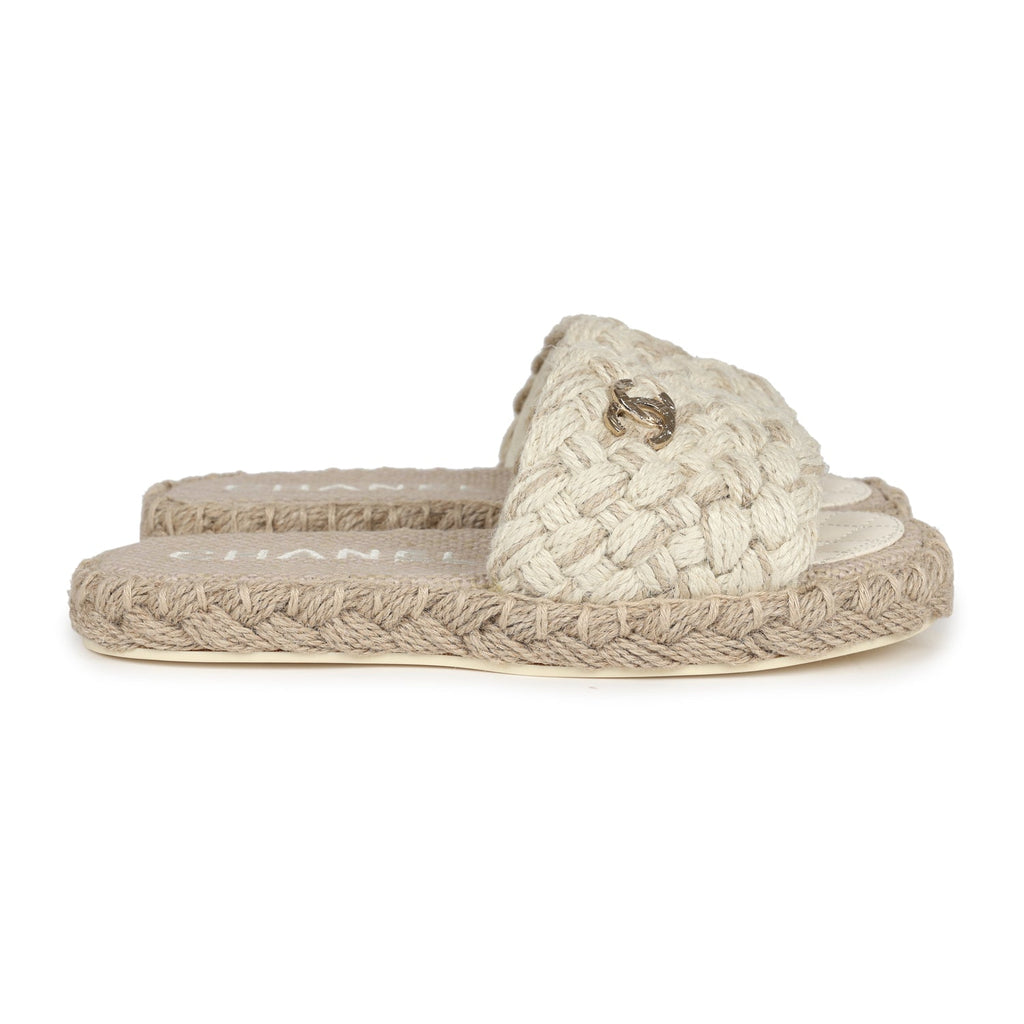 Chanel CC Braided Knit Interlocking Slide Sandals Cream Gold Hardware