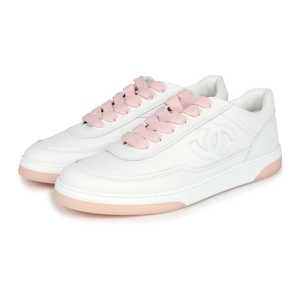 Chanel CC Low Top Sneakers White and Pink Calfskin 39 EU – Madison Avenue  Couture
