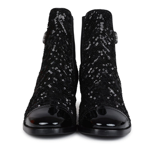 Chanel Cap Toe Ankle Boots Black Sequin Patent EU 35.5