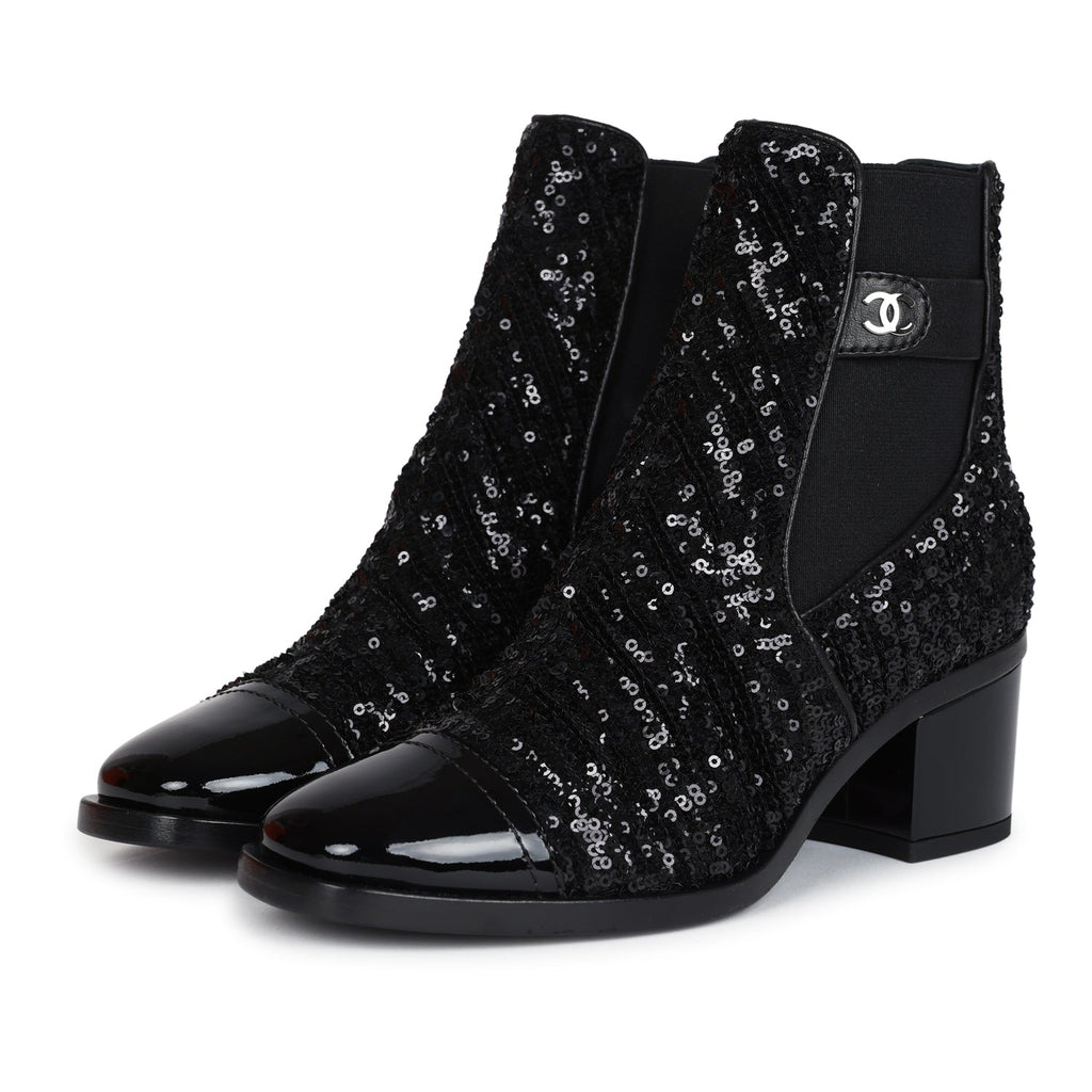 Chanel Cap Toe Ankle Boots Black Sequin Patent EU Black New