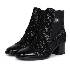 Chanel Cap Toe Ankle Boots Black Sequin Patent EU 35.5