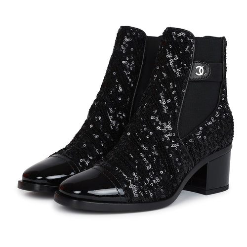Chanel Cap Toe Ankle Boots Black Sequin Patent EU 35.5