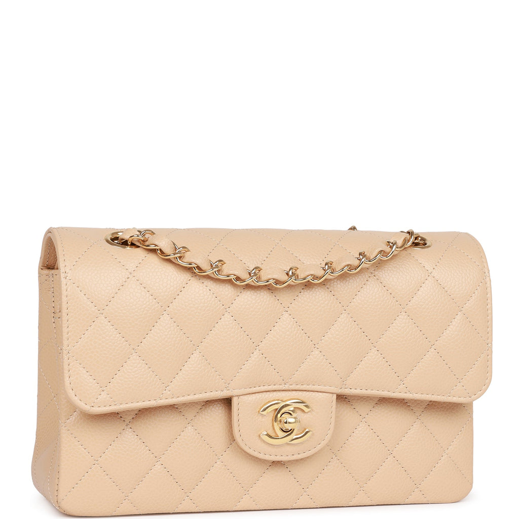 Guarantee authentic Chanel Classic Small Quilted Caviar Double Flap Gold  Hardware Chain Shoulder Bag/Beige