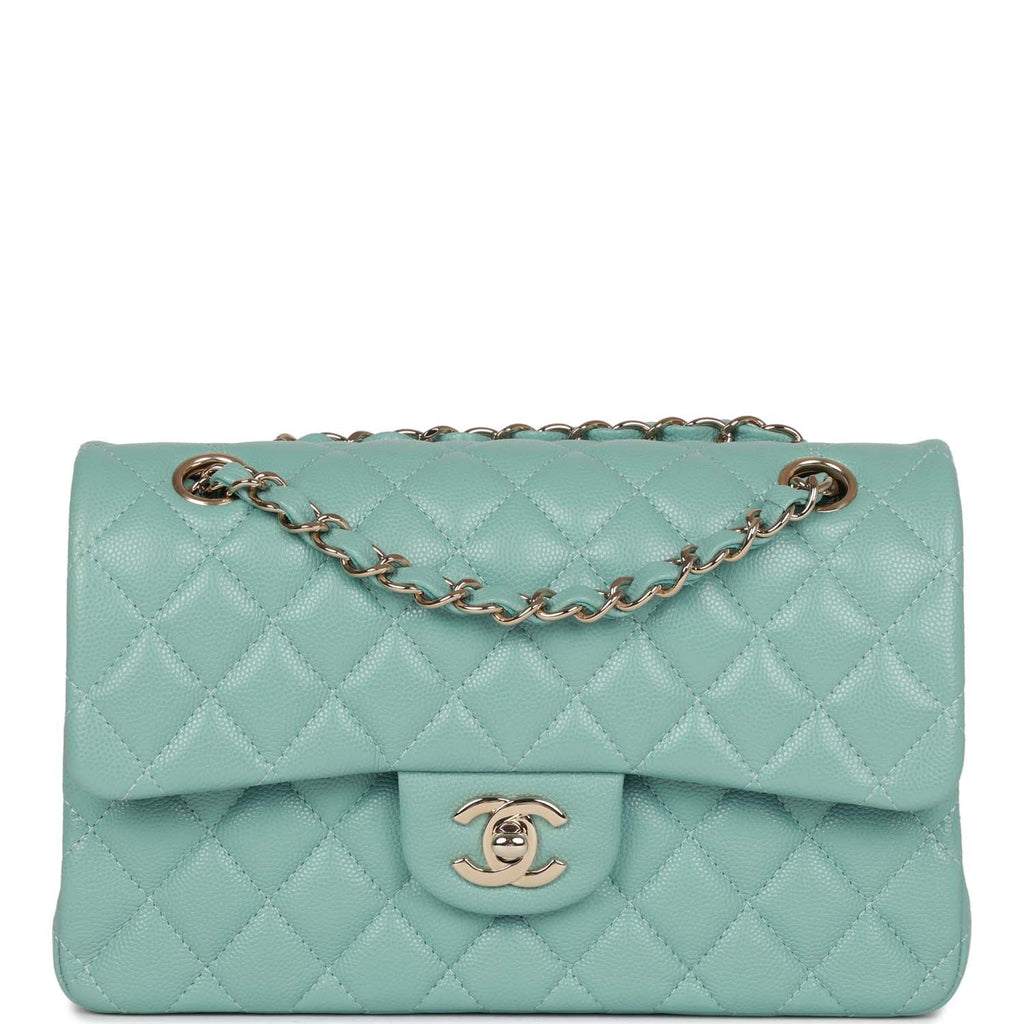 Chanel Small Classic Double Flap Bag Tiffany Blue Caviar Light Gold Ha –  Madison Avenue Couture