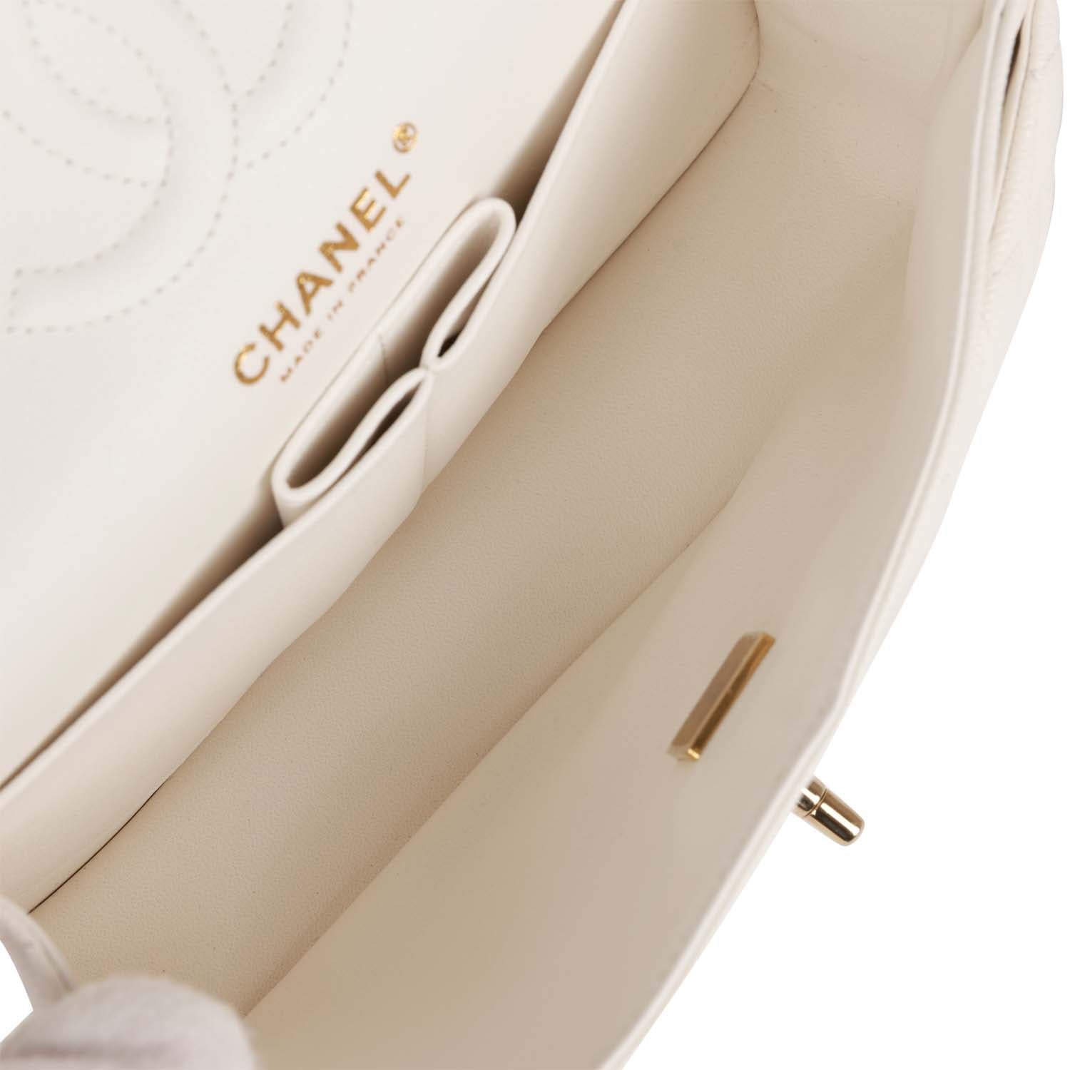 CHANEL 25S MINI SQUARE FLAP BAG 17 IN WHITE CALFSKIN CAVIAR GOLD HARDWARE