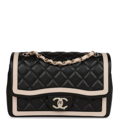 Chanel Small Classic Flap Black and Beige Lambskin Light Gold Hardware