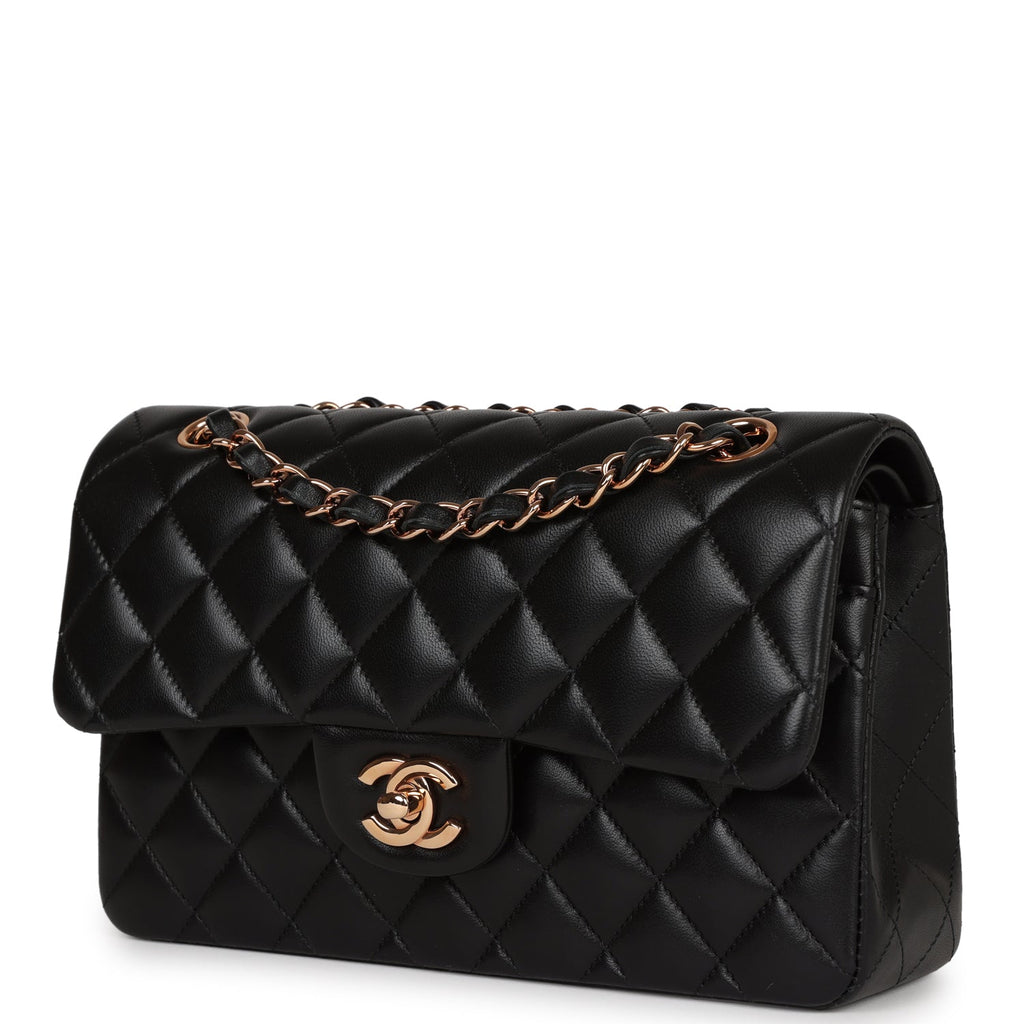 Chanel Black Quilted Lambskin Small Classic Double Flap Bag Rose