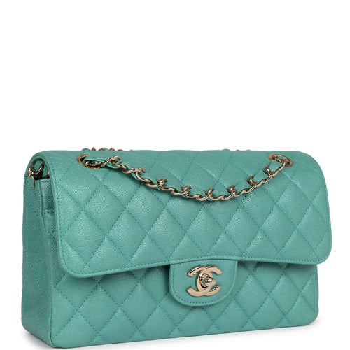 Chanel Small Classic Double Flap Turquoise Iridescent Caviar Light Gold Hardware