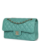 Chanel Small Classic Double Flap Turquoise Iridescent Caviar Light Gold Hardware