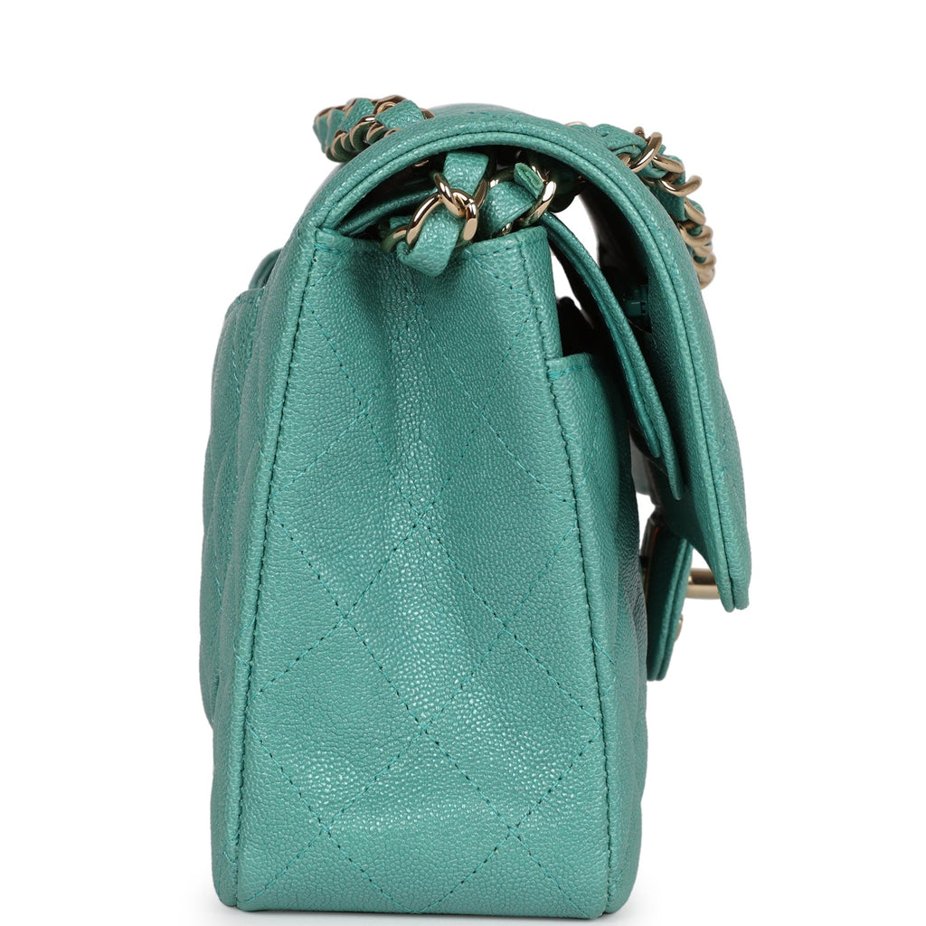 Chanel Small Classic Double Flap Turquoise Iridescent Caviar Light Gol –  Madison Avenue Couture