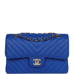 Chanel Small Classic Double Flap Blue Chevron Caviar Gold Hardware