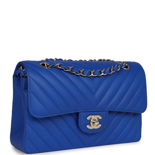 Chanel Small Classic Double Flap Blue Chevron Caviar Gold Hardware