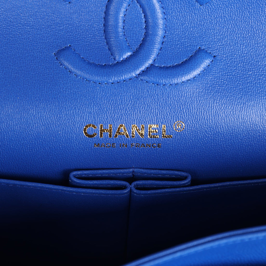 Chanel Small Classic Double Flap Blue Chevron Caviar Gold Hardware