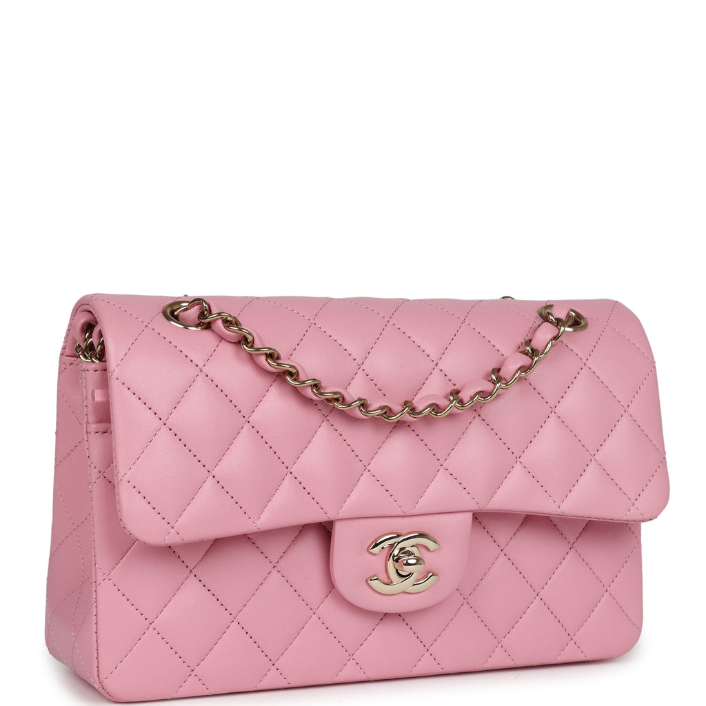 Chanel Pink Lambskin Small Classic Double Flap Bag Light Gold