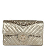 Pre-owned Chanel Small Chevron Double Flap Bag Gold Metallic Patent Aged Calfskin Light Gold Hardware