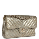 Pre-owned Chanel Small Chevron Double Flap Bag Gold Metallic Patent Aged Calfskin Light Gold Hardware