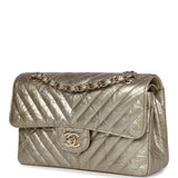 Pre-owned Chanel Small Chevron Double Flap Bag Gold Metallic Patent Aged Calfskin Light Gold Hardware