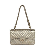 Pre-owned Chanel Small Chevron Double Flap Bag Gold Metallic Patent Aged Calfskin Light Gold Hardware