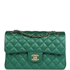 Chanel Small Classic Double Flap Bag Emerald Green Shiny Caviar Gold Hardware