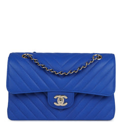 Chanel Small Classic Double Flap Blue Chevron Caviar Light Gold Hardware