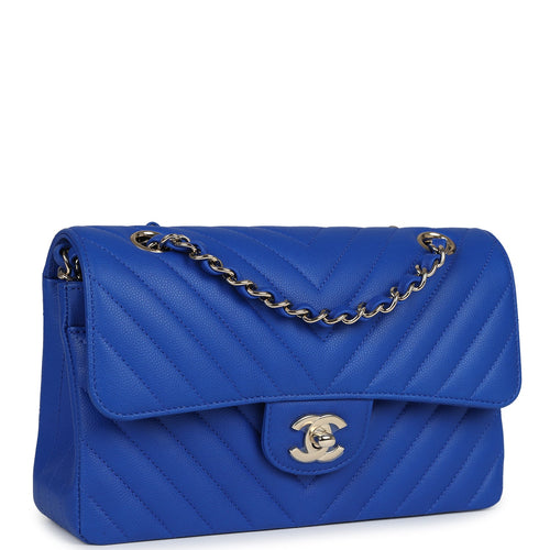 Chanel Small Classic Double Flap Blue Chevron Caviar Light Gold Hardware