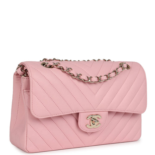 Chanel Small Classic Double Flap Bag Light Pink Chevron Caviar Light Gold Hardware