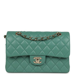 Chanel Small Classic Double Flap Bag Green Lambskin Light Gold Hardware