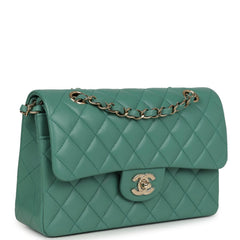 Chanel Small Classic Double Flap Bag Green Lambskin Light Gold Hardware