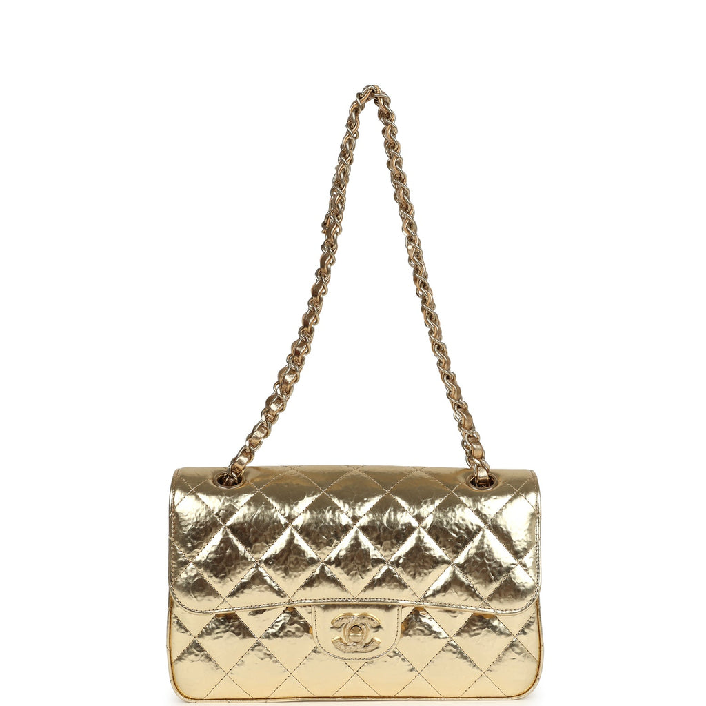 Chanel Small Classic Double Flap Gold Hammered Metallic Calfskin Brush