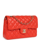 Pre-owned Chanel Small Classic Double Flap Bag Red Lambskin Light Gold Hardware - Thumbnail View 2