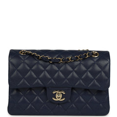 Pre-owned Chanel Small Classic Double Flap Bag Navy Blue Caviar Gold Hardware