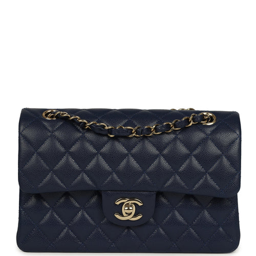 Pre-owned Chanel Small Classic Double Flap Bag Navy Blue Caviar Gold Hardware