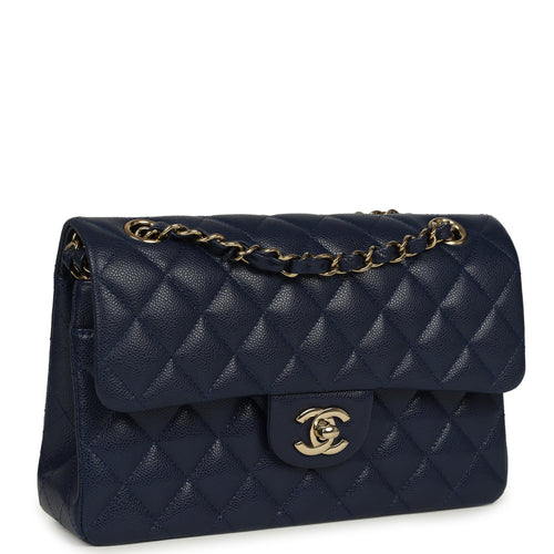 Pre-owned Chanel Small Classic Double Flap Bag Navy Blue Caviar Gold Hardware