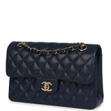 Pre-owned Chanel Small Classic Double Flap Bag Navy Blue Caviar Gold Hardware