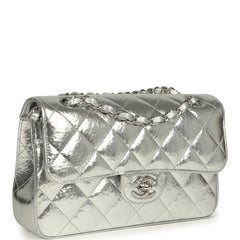 Pre-owned Chanel Small Classic Double Flap Silver Hammered Metallic Calfskin Silver Hardware