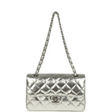 Pre-owned Chanel Small Classic Double Flap Silver Hammered Metallic Calfskin Silver Hardware