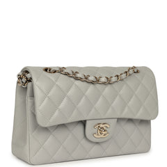 Chanel Small Classic Double Flap Bag Light Grey Caviar Light Gold Hardware