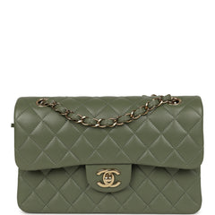 Pre-owned Chanel Small Classic Double Flap Bag Olive Green Lambskin Light Gold Hardware