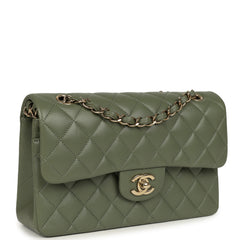 Pre-owned Chanel Small Classic Double Flap Bag Olive Green Lambskin Light Gold Hardware