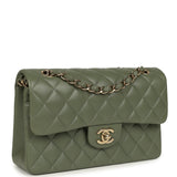 Pre-owned Chanel Small Classic Double Flap Bag Olive Green Lambskin Light Gold Hardware - Thumbnail View 2