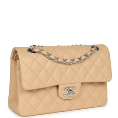 Chanel Small Classic Double Flap Beige Lambskin Silver Hardware