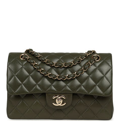 Pre-owned Chanel Small Classic Double Flap Bag Olive Green Lambskin Light Gold Hardware