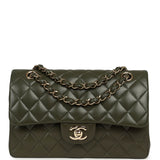 Pre-owned Chanel Small Classic Double Flap Bag Olive Green Lambskin Light Gold Hardware - Thumbnail View 1