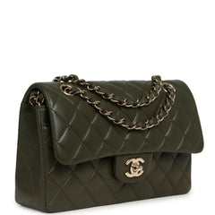 Pre-owned Chanel Small Classic Double Flap Bag Olive Green Lambskin Light Gold Hardware