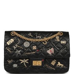Pre-owned Chanel Small Reissue 225 2.55 Double Flap "Iconic Lucky Charms" Black Aged Calfskin Antique Gold Hardware