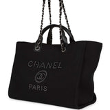Chanel Large Deauville Shopping Bag Imitation Pearl and Black Canvas Silver Hardware