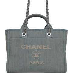 Chanel Small Deauville Shopping Tote Distressed Blue Denim Aged Silver Hardware