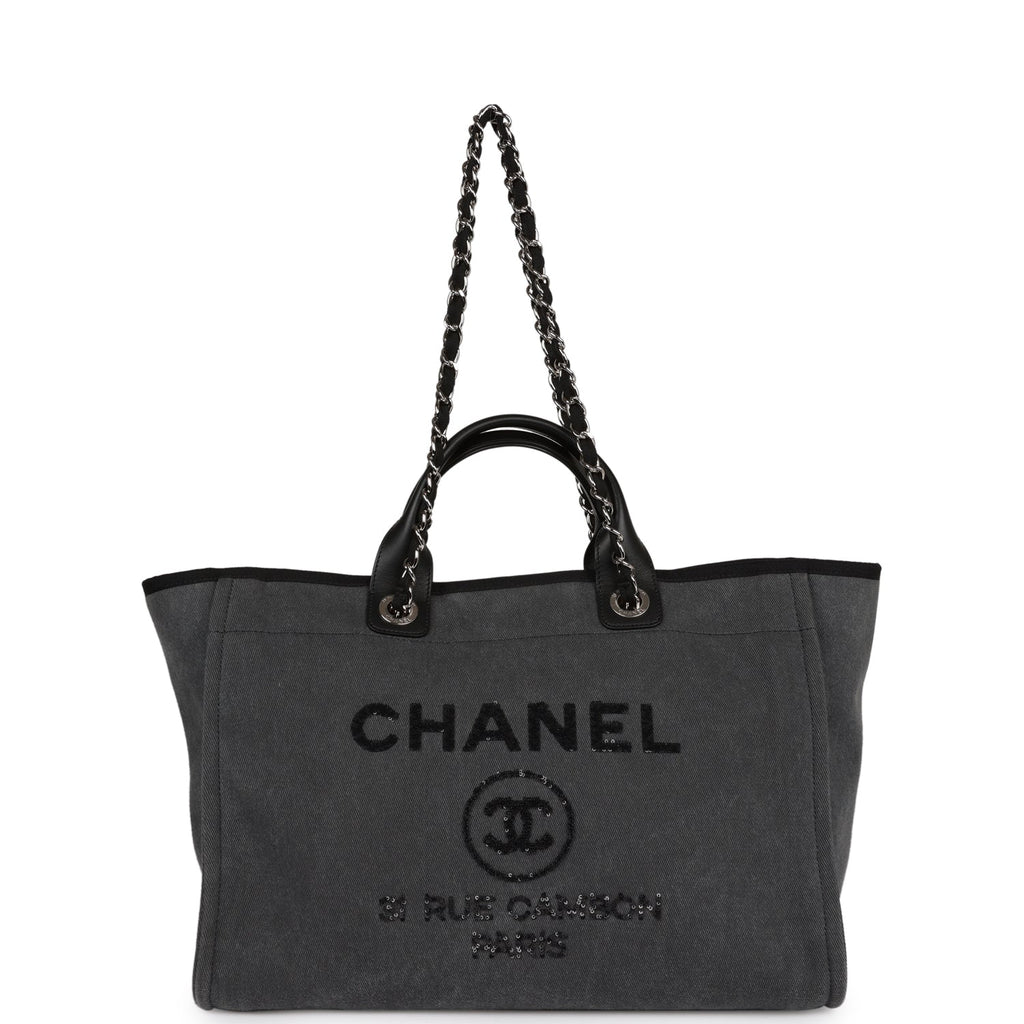 CHANEL Tote Bag Deauville PM canvas/leather gray black Women Used