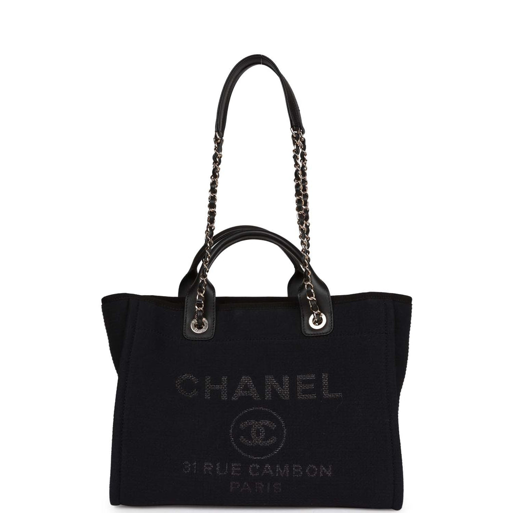 Chanel Small Deauville Shopping Bag Black Canvas and Calfskin Light Gold Hardware